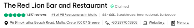 the Red lion Malia - Bar and restaurant in Malia since 1999 - Στιγμιότυπο οθόνης 2023 07 08 113956 e1688806077153